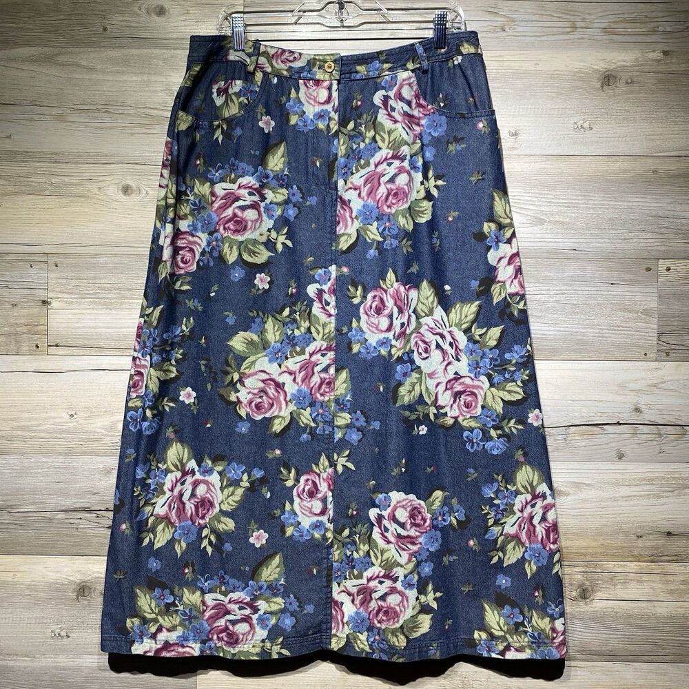 Vintage Denim Maxi Skirt Size Large Floral Roses Pockets Cottagecore Country